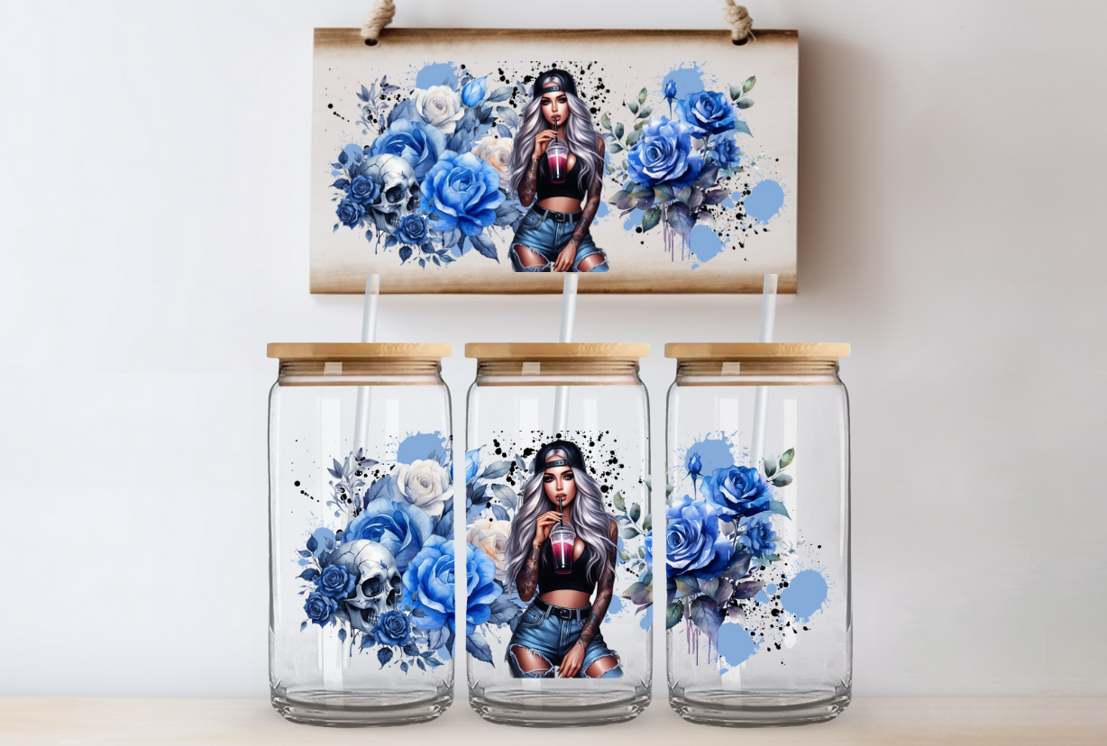Blue Roses Glass Can