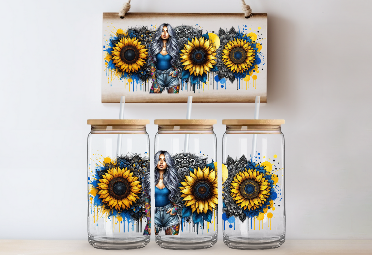 Blue Sunflower Glass Can