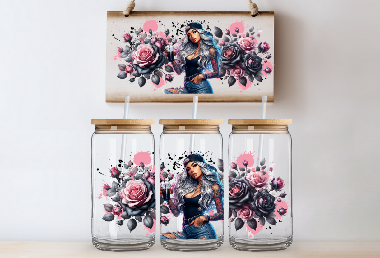 Pink & Black Glass Can