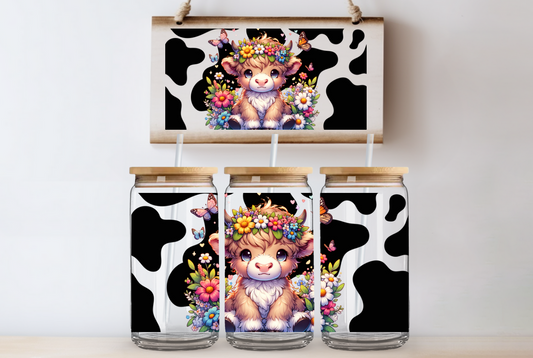 Floral Cow Glass Can